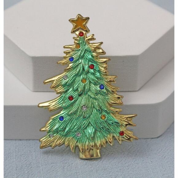 Gold Toned Christmas Tree Brooch Pin with Rhinestones VP18A - Picture 5 of 5